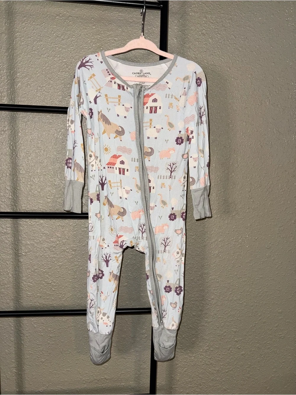Caden lane bamboo Blue Farm Print Zip-Front Baby One-Piece